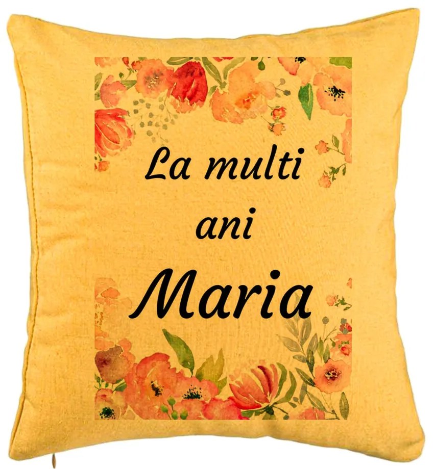 Perna Decorativa, Model La multi ani Maria 2, 40x40 cm, Galben, Husa Detasabila, Burduf