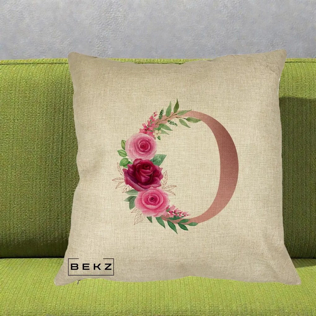 Cadou Personalizat - Perna Personalizata Monograma Rose Gold Litera O, 40x40 cm, Crem, Husa Detasabila, Perna Inclusa, BEKZ®