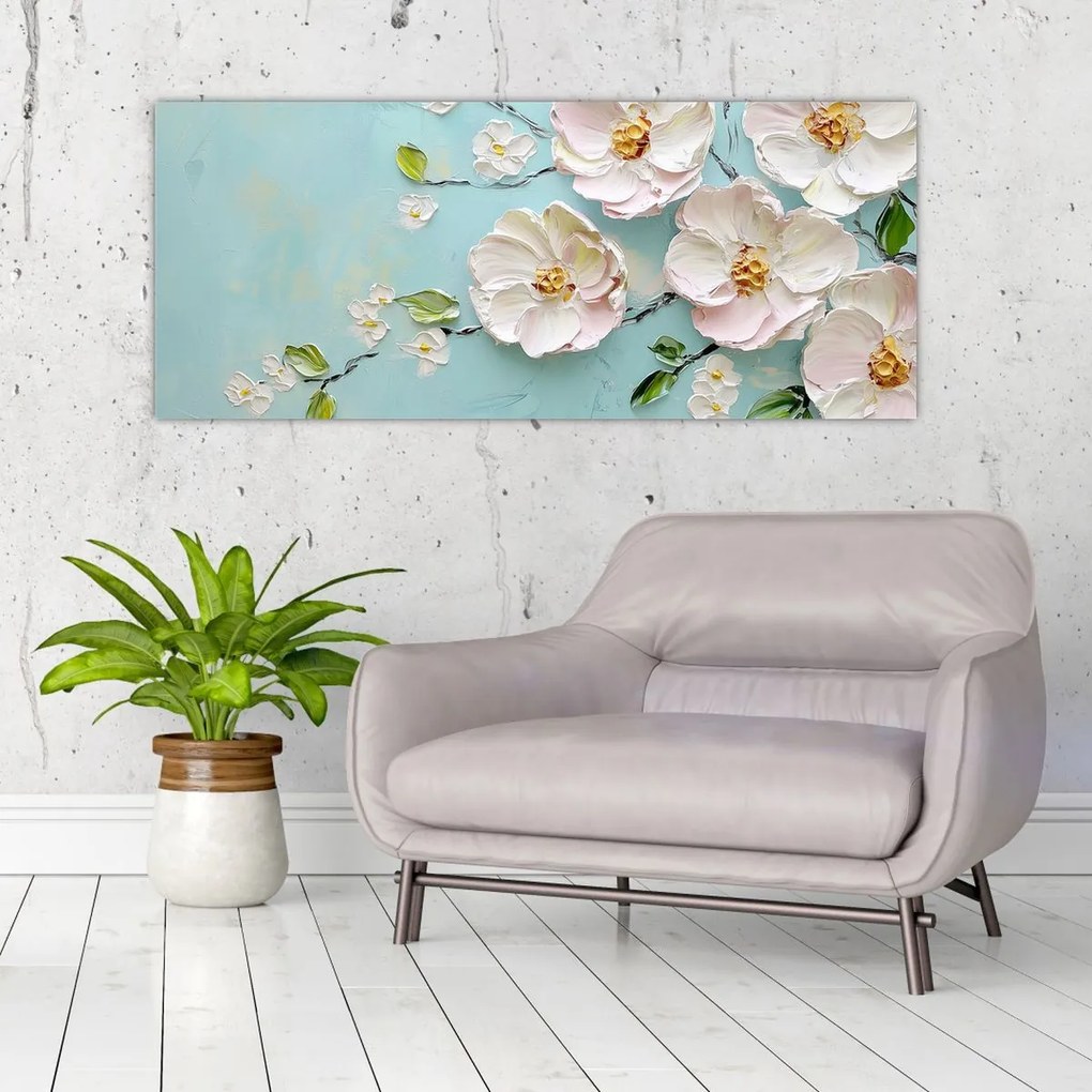 Tablou - Flori pe fundal albastru (120x50 cm)