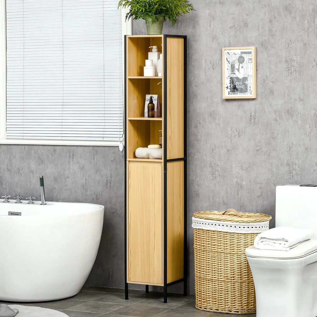 Kleankin Dulap Înalt de Baie Multifuncțional, Design Modern Negru și Natural | Aosom Romania