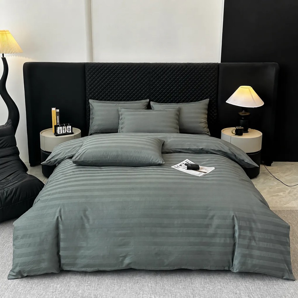 Lenjerie Premium Damasc, bumbac 100%, 6 piese, pat 2 persoane, olive gri