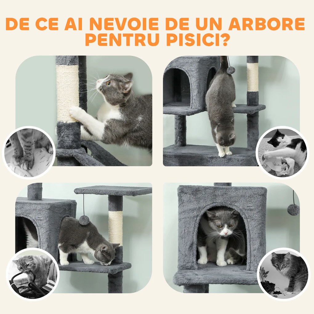 PawHut Arbore pentru pisici cu sisal, 202 cm înălțime, cu 6 stâlpi din sisal, 2 căsuțe, 2 hamace și un pat, gri | Aosom Romania