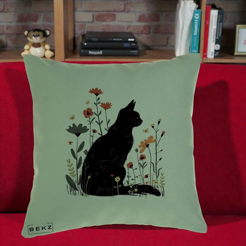 Perna Decorativa Pisica Neagra Profil Flori Portocalii, 40x40 cm, Verde, Husa Detasabila, Perna Inclusa, BEKZ®