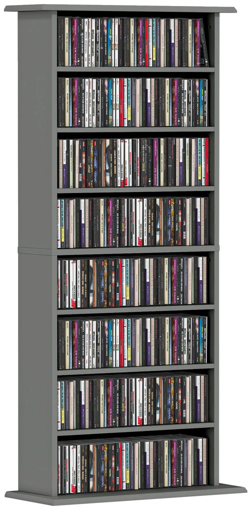 HOMCOM Depozitare pentru CD și DVD cu 8 compartimente și 6 polițe reglabile, capacitate max. 360 CD/185 DVD și Blu-ray, gri | Aosom Romania