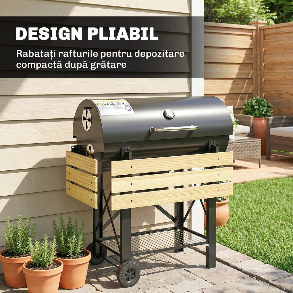 Outsunny Grătar cu Cărbuni, Grilă Mobilă cu Rafturi Pliabile și Termometru | Aosom Romania