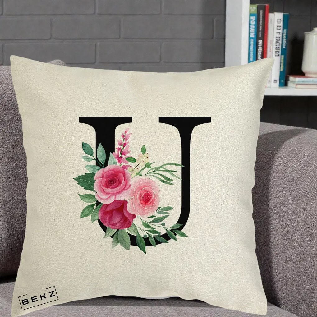 Cadou Personalizat - Perna Personalizata Monograma Florala Litera U, 40x40 cm, Ecru, Husa Detasabila, Perna Inclusa, BEKZ®