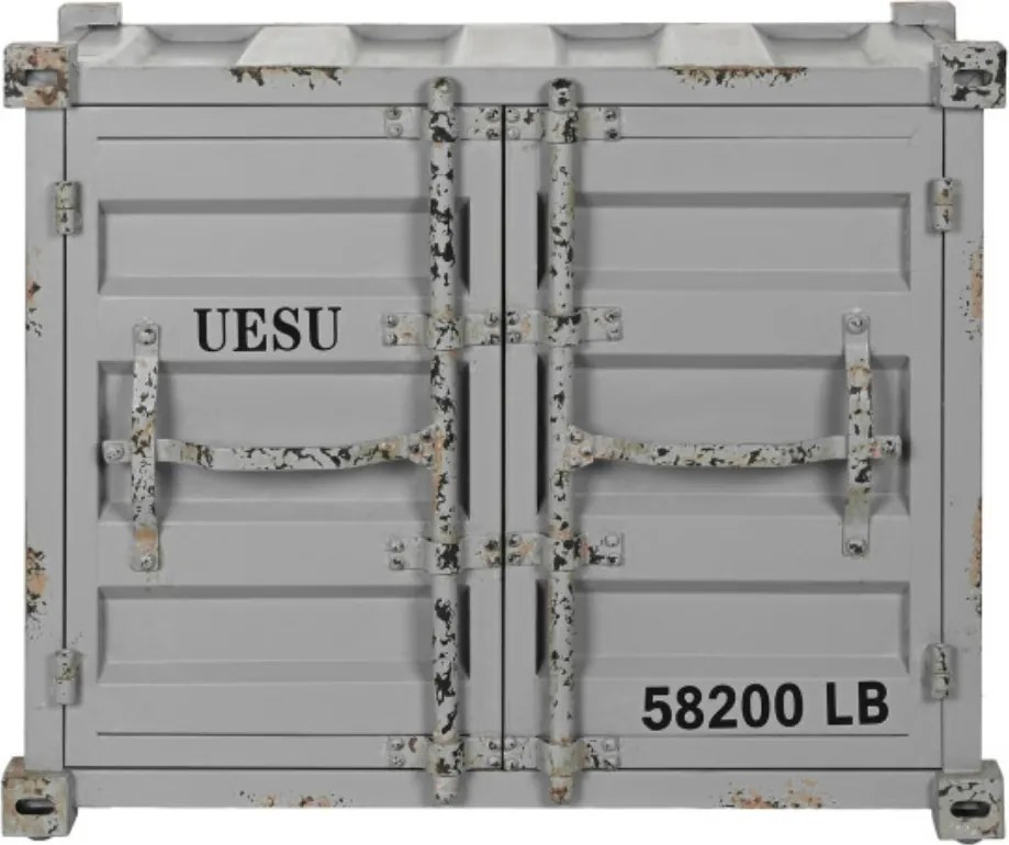 Masă consolă industrială din metal, gri, cu 2 uși, sertar, suporturi pentru sticle și colțare metalice, finisaj antichizat, 64 x 77 x 41 cm, „Cargo”