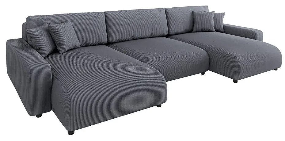 Colțar gri închis extensibil, cu spațiu de depozitare, cu tapițerie din catifea reiată Sara – Ropez