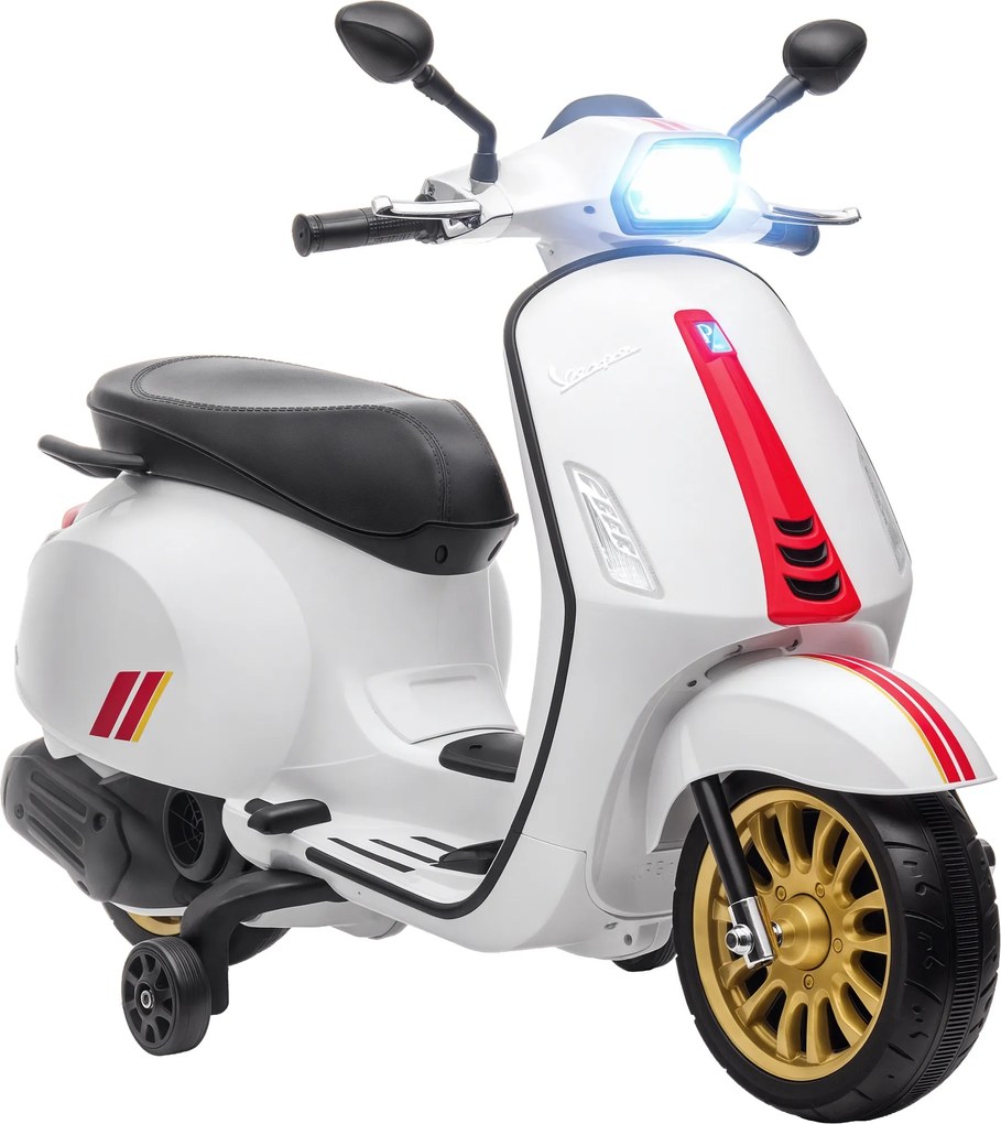 AIYAPLAY Motocicletă electrică pentru copii Vespa 6V dim. 107L x 47l x 73H cm Muzică MP3 Port USB Far 2 roți de antrenare - Alb | Aosom Romania