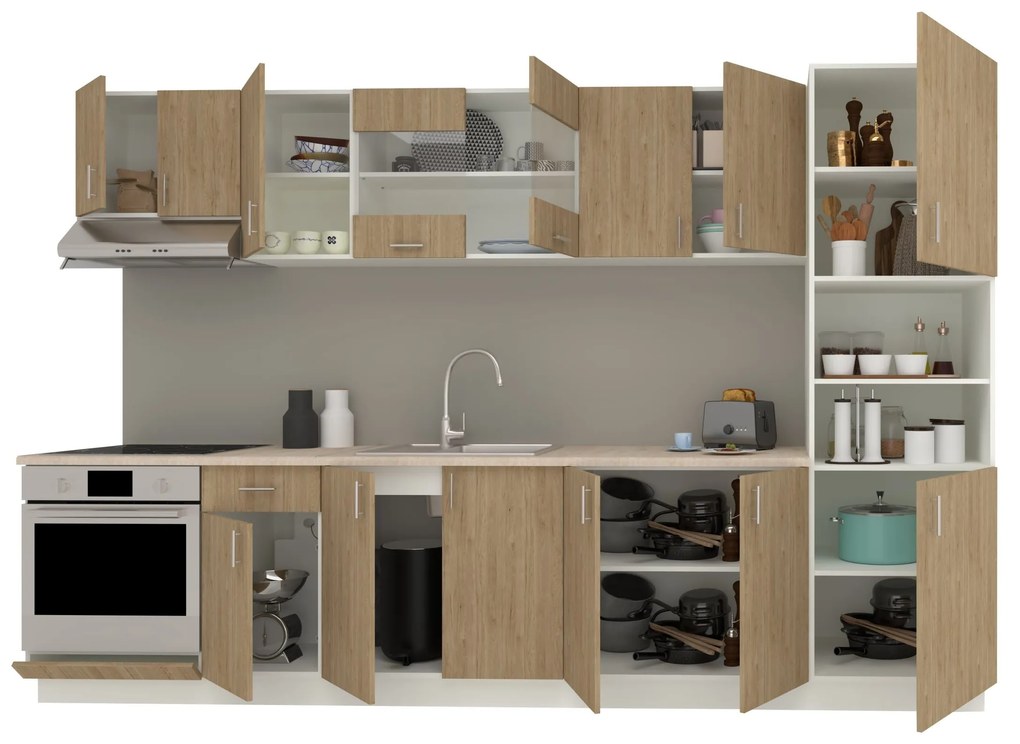 Set Bucatarie Karo V30, Lemn Natural/Alb, Blat Thermo 28 mm, L 320 cm