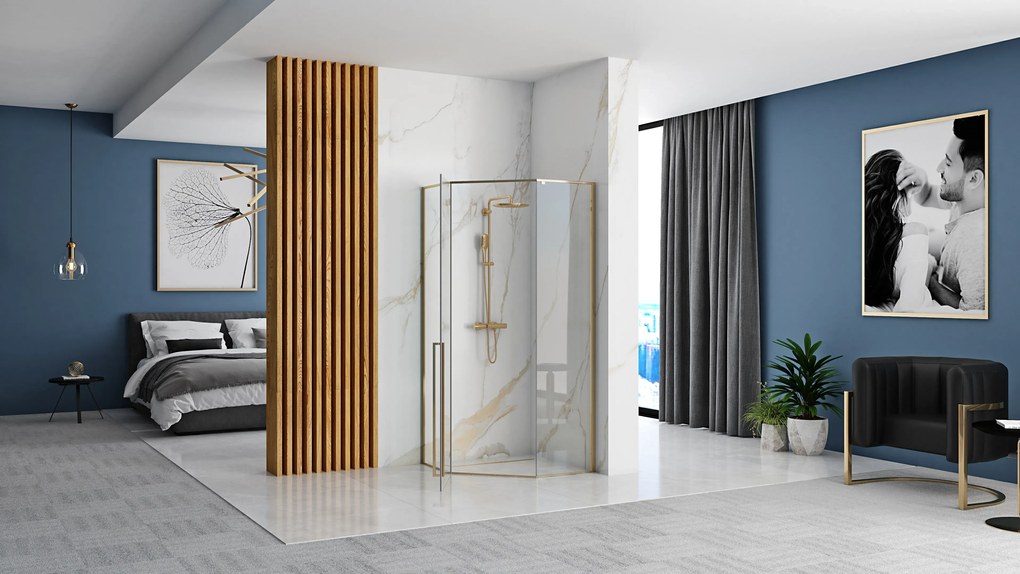Cabina dus cu cadita de dus pentagonala cu usa batanta Rea Diamond 90x90 auriu - alb