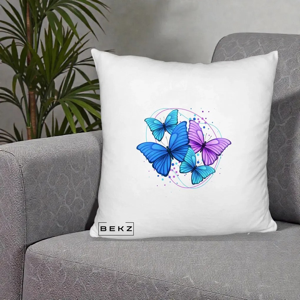 Perna Decorativa Patru Fluturi Turcoaz-Violet, 40x40 cm, Alb Pufos, Husa Detasabila, Perna Inclusa, BEKZ®