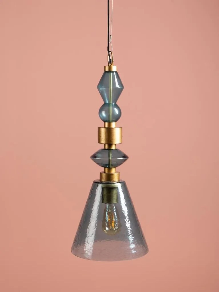 Lustră din sticlă albastră cu structură din alamă antichizată, formă conică, 65 × 25 cm, „Astrolab"