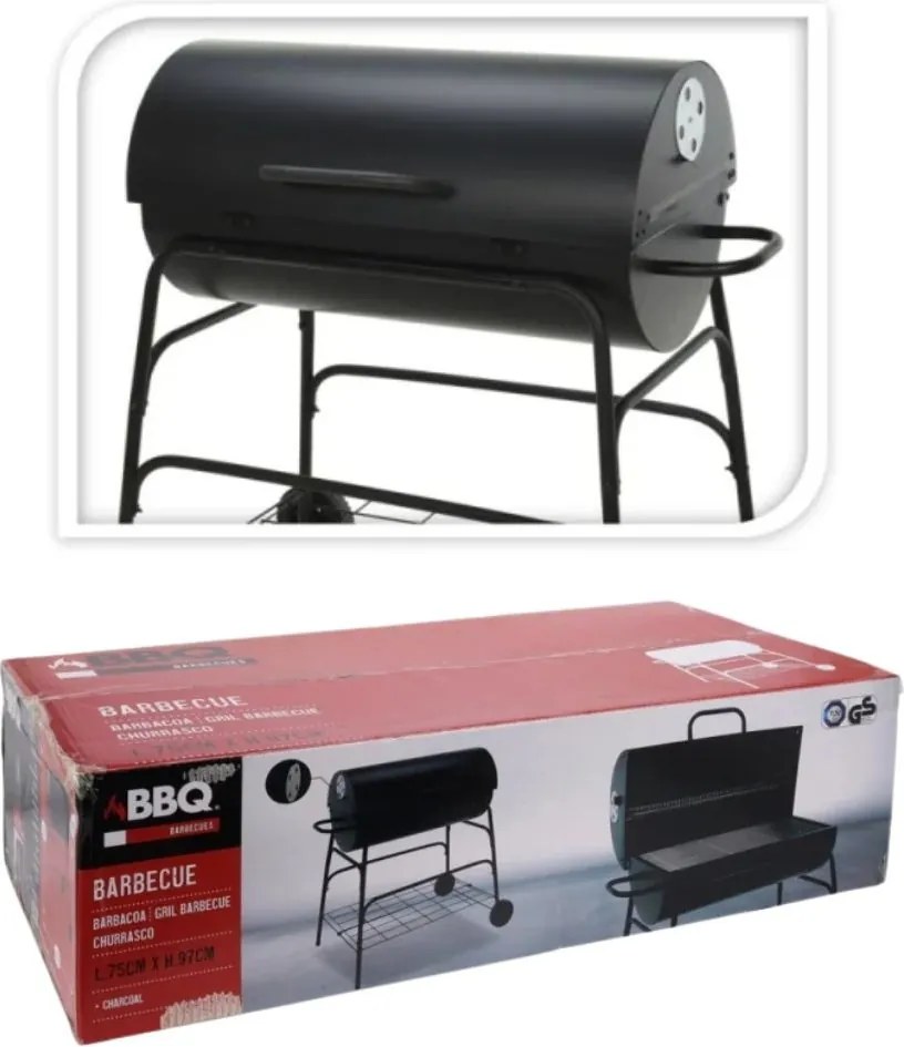 Grătar cilindric BBQ pe cărbuni, metalic, pentru grădină, 97 cm, cu roți și cu capac
