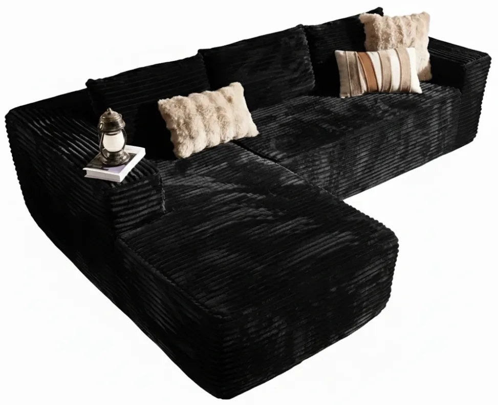 Canapea modulară în formă de L, din spumă de înaltă densitate, fără asamblare, țesătură din velur, șezlong pe Stanga, Negru