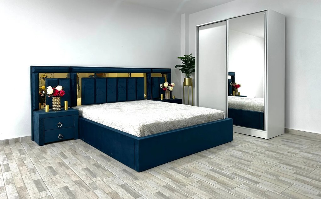 Dormitor Napoli, culoare albastru / alb, cu pat Napoli 160 x 200 cm, dressing Erika 150 cm si 2 noptiere Napoli