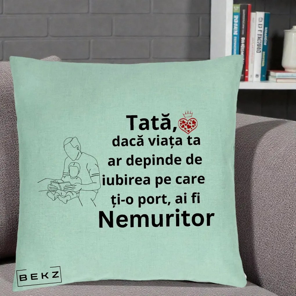 Cadou pentru Tata - Perna Personalizata Tata Nemuritor Lectura, 40x40 cm, Verde Menta, Husa Detasabila, Perna Inclusa, BEKZ®