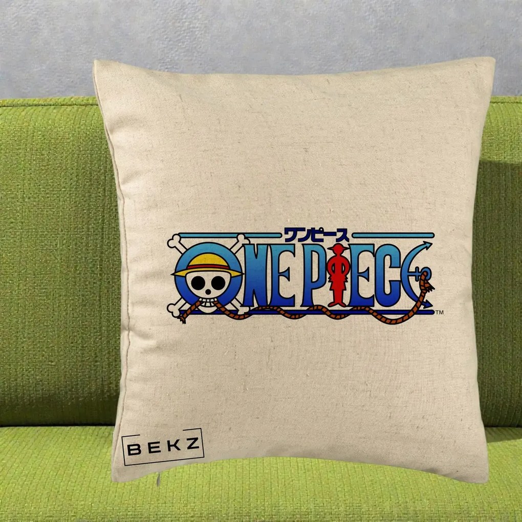 Perna Personalizata One Piece Clasic Albastru, 40x40 cm, Bej, Husa Detasabila, Perna Inclusa, BEKZ®