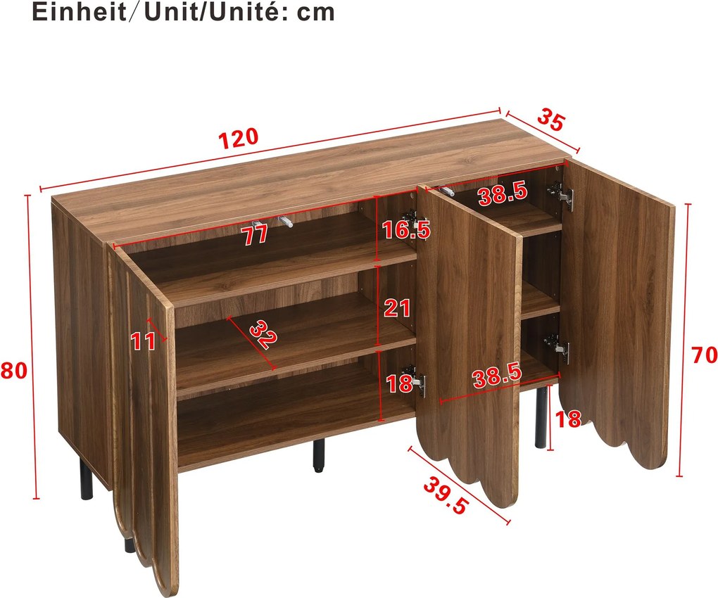 Comodă cu uși ondulate, spațiu de depozitare pentru living, hol &amp; sufragerie, 120x35x80 cm, Maro