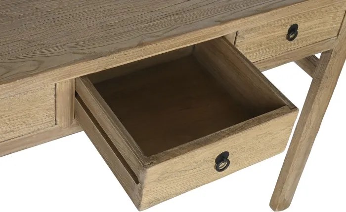 Consolă din lemn masiv de ulm, natur, blat lung, 4 sertare cu mânere metalice, picioare drepte cu traverse, finisaj natural, 85 x 200 x 42 cm,