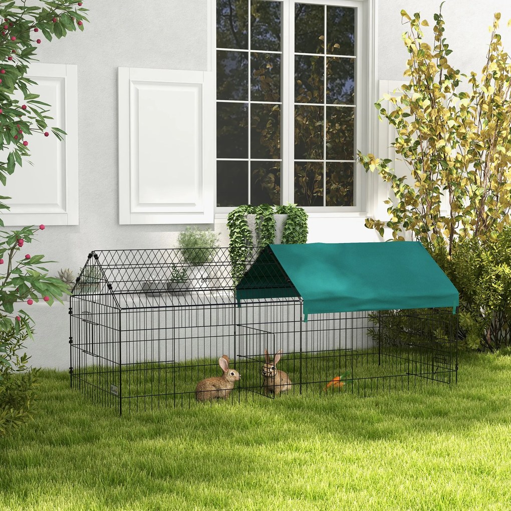 PawHut Cușcă pentru Iepuri și Găini de Exterior și Interior cu Protecție Solară și Grilaj Metalic, Coteț Recint pentru Animale Mici, Găini, 185x75x75 cm, Verde | Aosom Romania