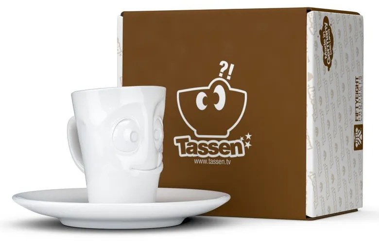 Ceașcă cu farfurie din porțelan pentru espresso, zâmbet 58products, 80 ml, alb