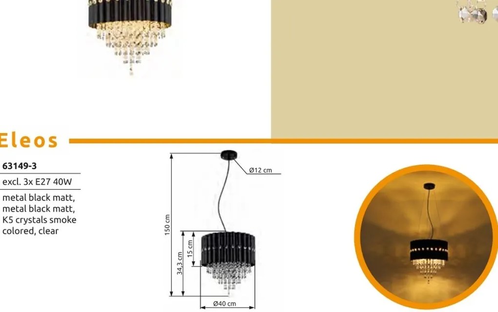 Lustra suspendata, Metal Negru, Cristale K5, ELEOS 63149-3 GL