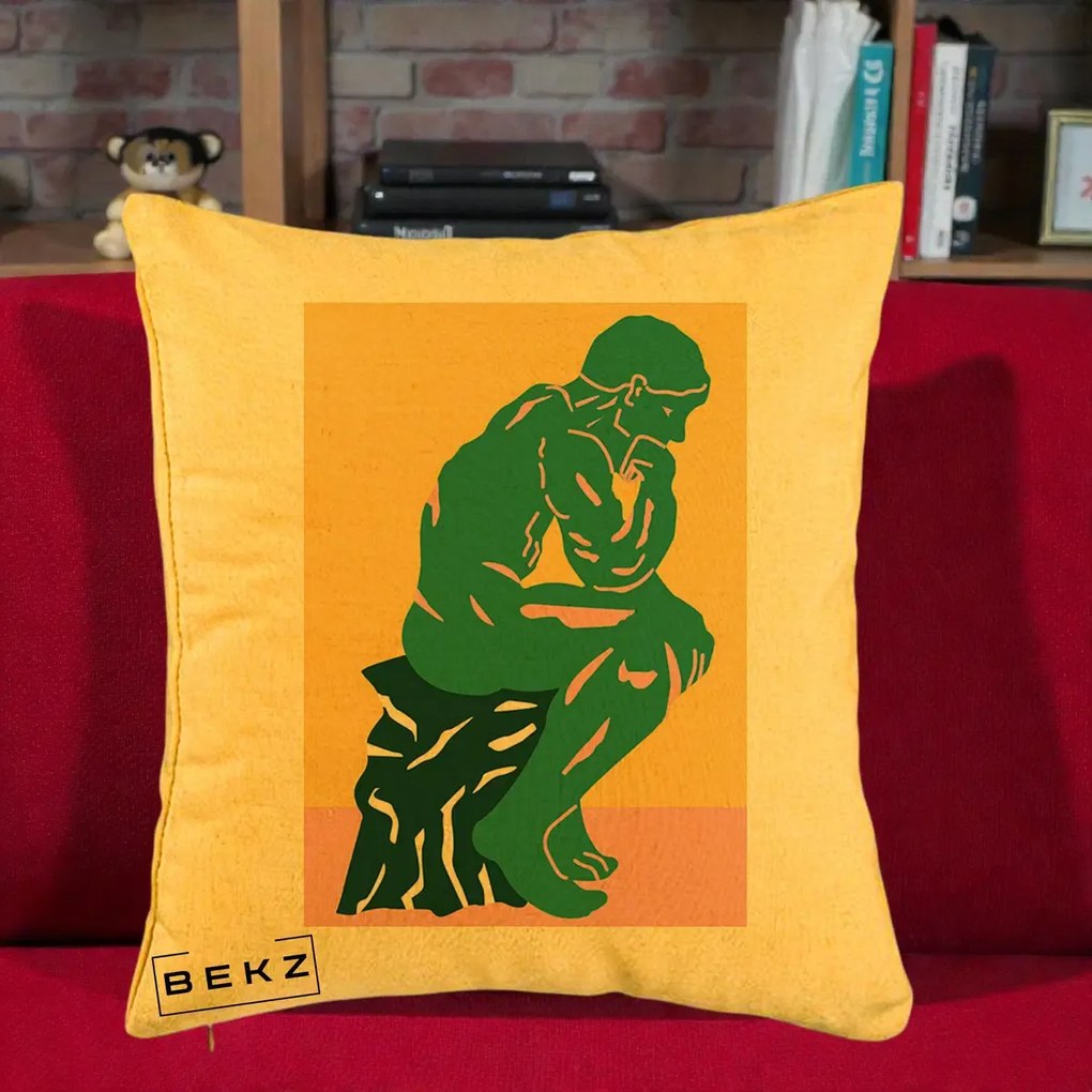 Perna Decorativa Ganditorul Sculptura Pop Art, 40x40 cm, Galben, Husa Detasabila, Perna Inclusa, BEKZ®