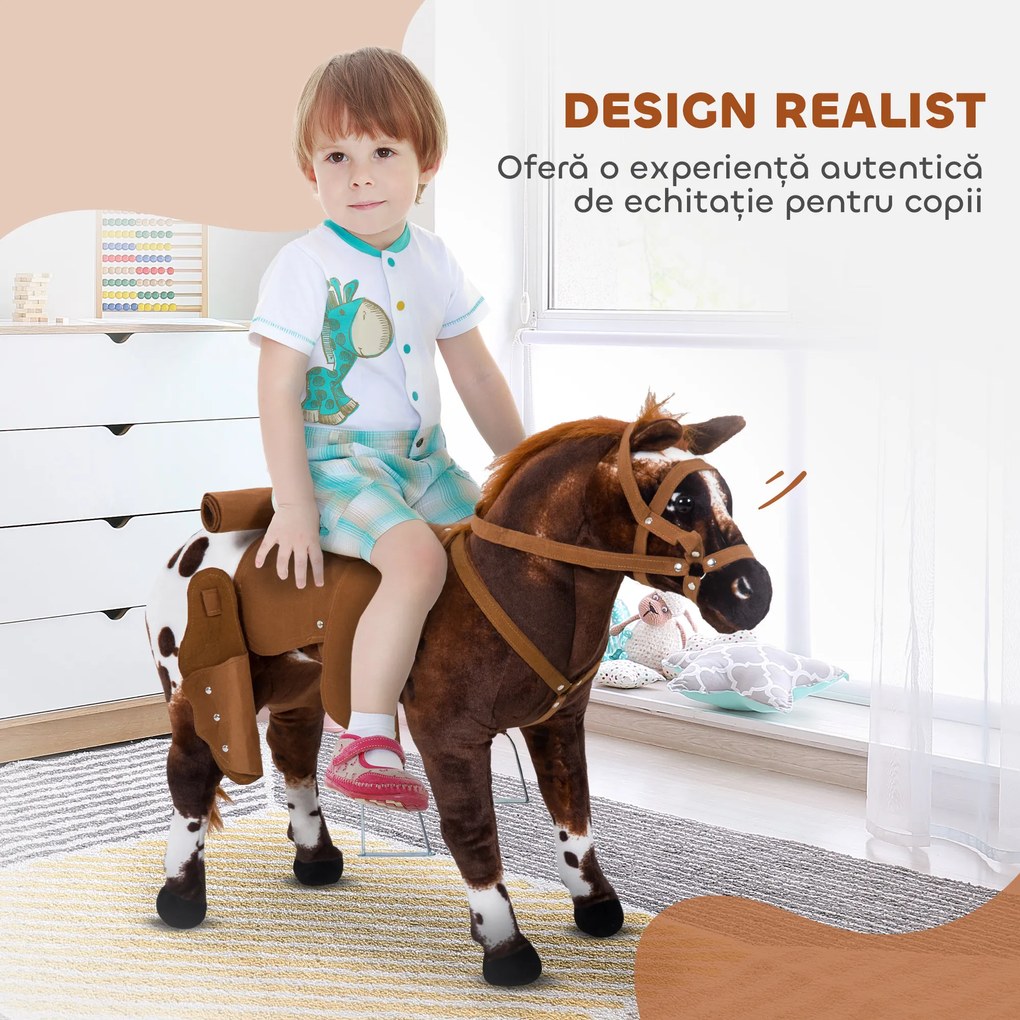 HOMCOM Cal Balansoar pentru Copii de 2+ Ani cu Sunet Realistic de Nechezat, Șa și Etriere, Jucărie din Pluș și Metal, 85x28x60 cm, Maro | Aosom Romania
