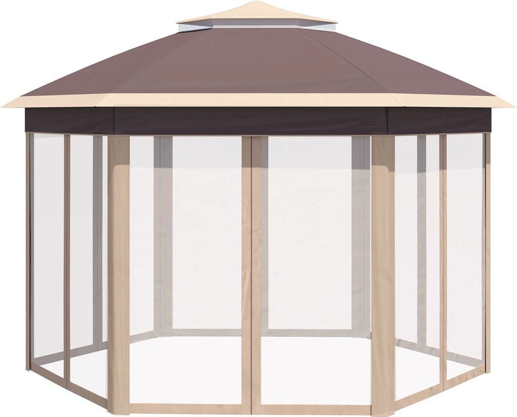 Outsunny Pavilion 4x4m impermeabil pop-up pavilion pliant hexagonal, acoperiș dublu, pavilion de grădină cu 6 părți laterale, cort de petrecere incl. husă de transport, pentru grădină, terasă, festival, Bej+Kaki | Aosom Romania