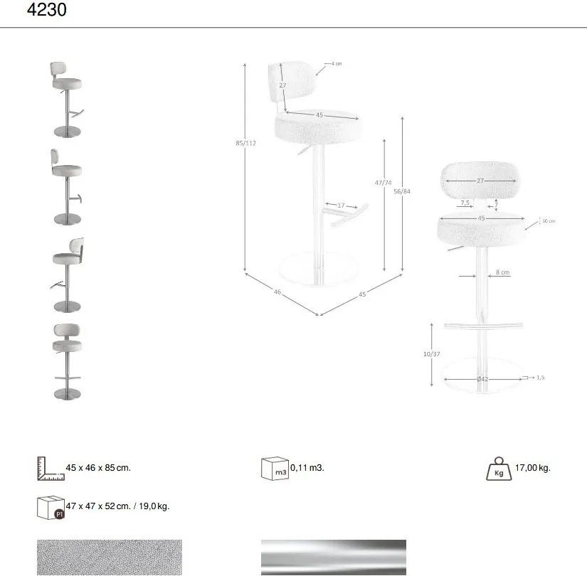 Scaun de bar pivotant cu inaltime reglabila Stool gri deschis