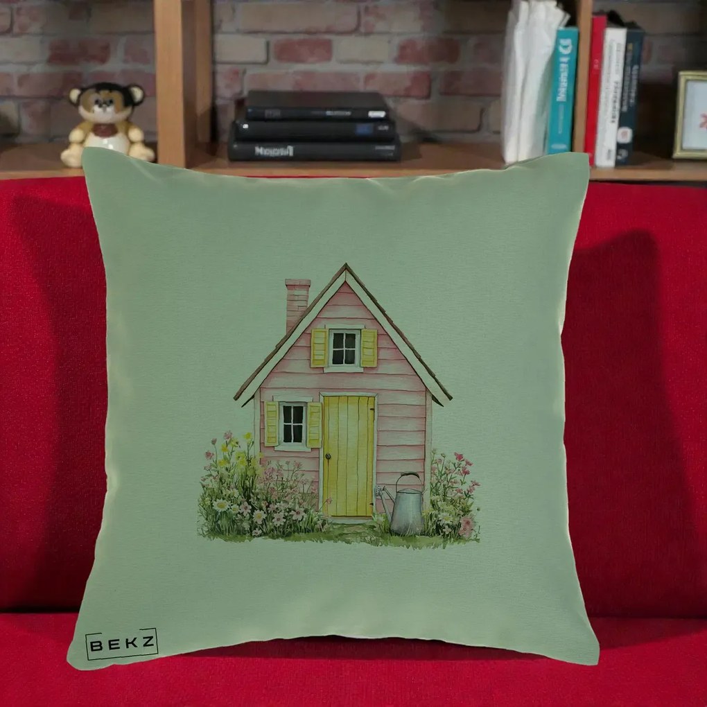 Perna Decorativa Casuta Roz Acuarela cu Gradina, 40x40 cm, Verde, Husa Detasabila, Perna Inclusa, BEKZ®