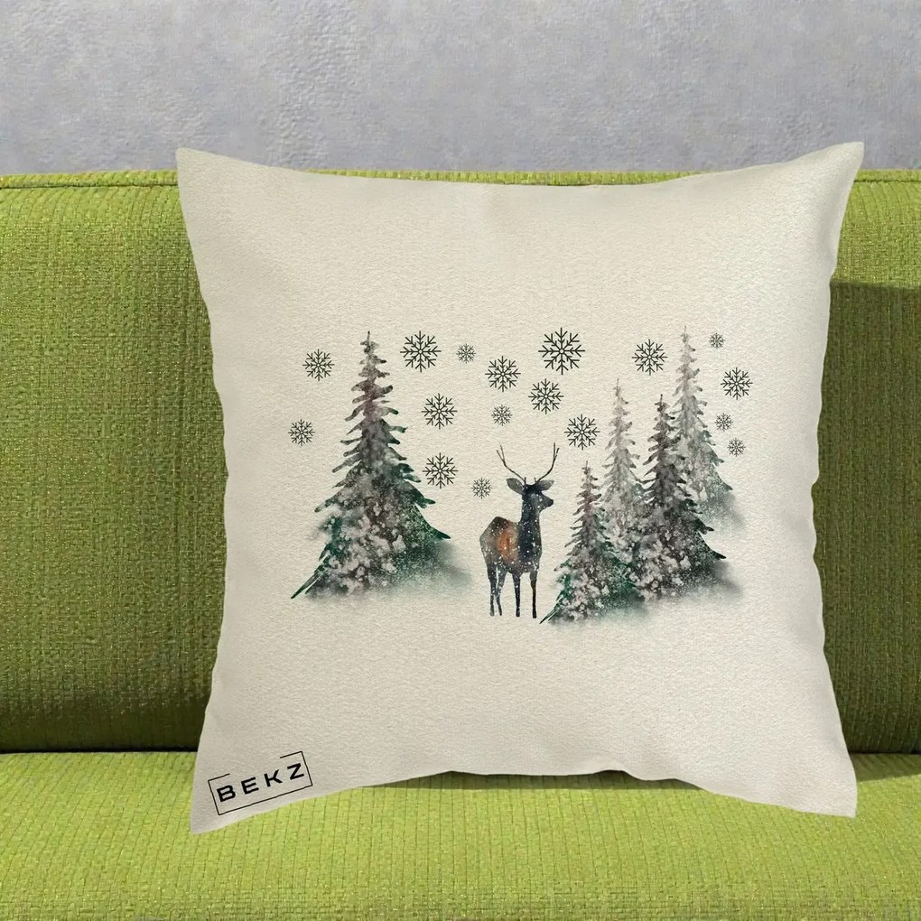 Perna Decorativa Ren in Padure Inzapezita, 40x40 cm, Ecru, Husa Detasabila, Perna Inclusa, BEKZ®