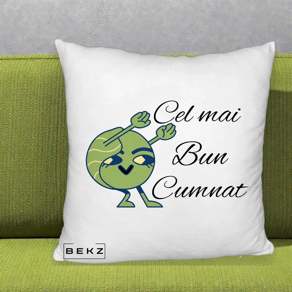 Cadou pentru Cumnat - Perna Personalizata Cel mai Bun Cumnat cu Personaj Funny Verde, 40x40 cm, Alb Pufos, Husa Detasabila, Perna Inclusa, BEKZ®