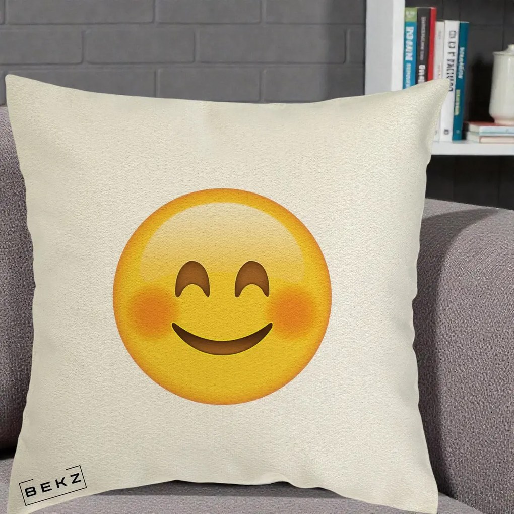 Perna Decorativa Emoji Fericit Roscat, 40x40 cm, Ecru, Husa Detasabila, Perna Inclusa, BEKZ®