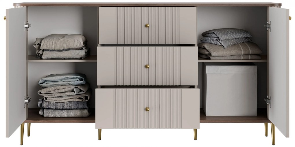 Comodă cu sertare Vesper 160 cm pe picioare - cașmir / nuc / picioare aurii