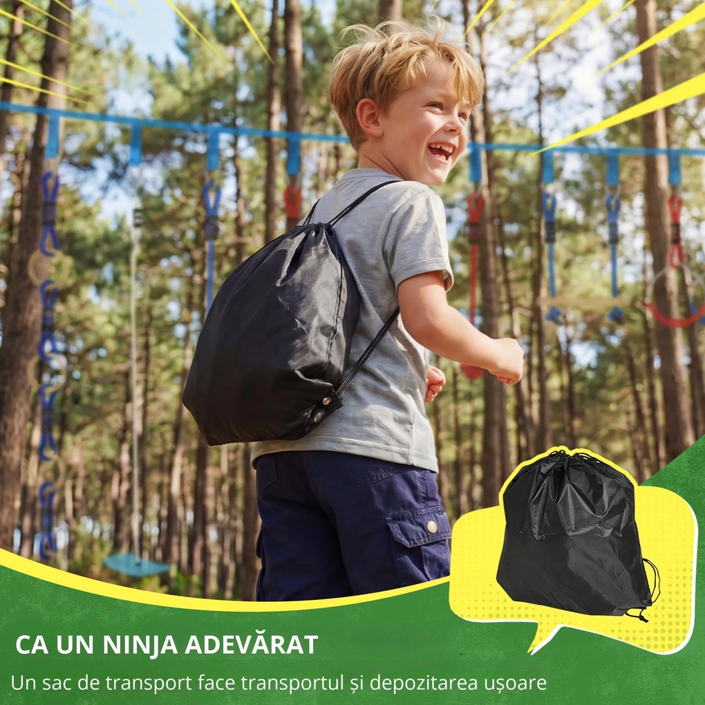 AIYAPLAY Ninja Line copii 10 m set Slackline 9 piese cu 2 inele, leagăn 3-în-1, 2 bare de cățărat pentru 3-8 ani multicolor | Aosom Romania