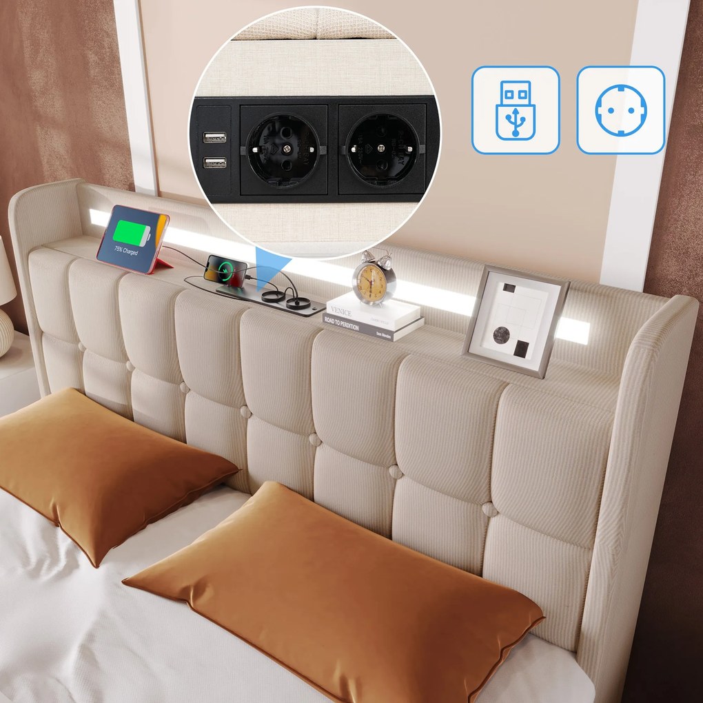 Pat cu tăblie USB și iluminare LED, 4 sertare, structură din lemn, tăblie tapițată, 140x200 cm, Bej