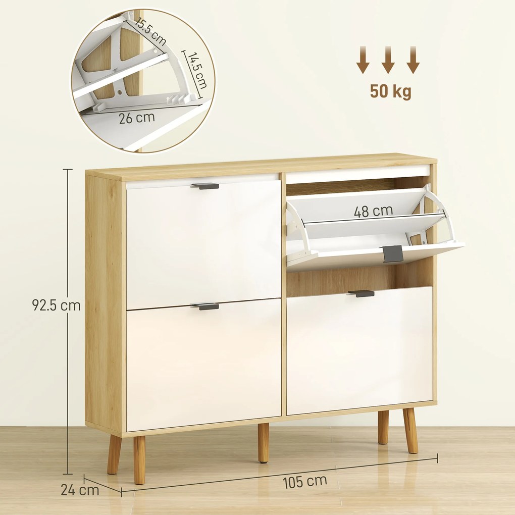 HOMCOM Dulap de pantofi subțire modern cu 4 sertare rabatabile pentru 20 de perechi de pantofi, Alb | Aosom Romania