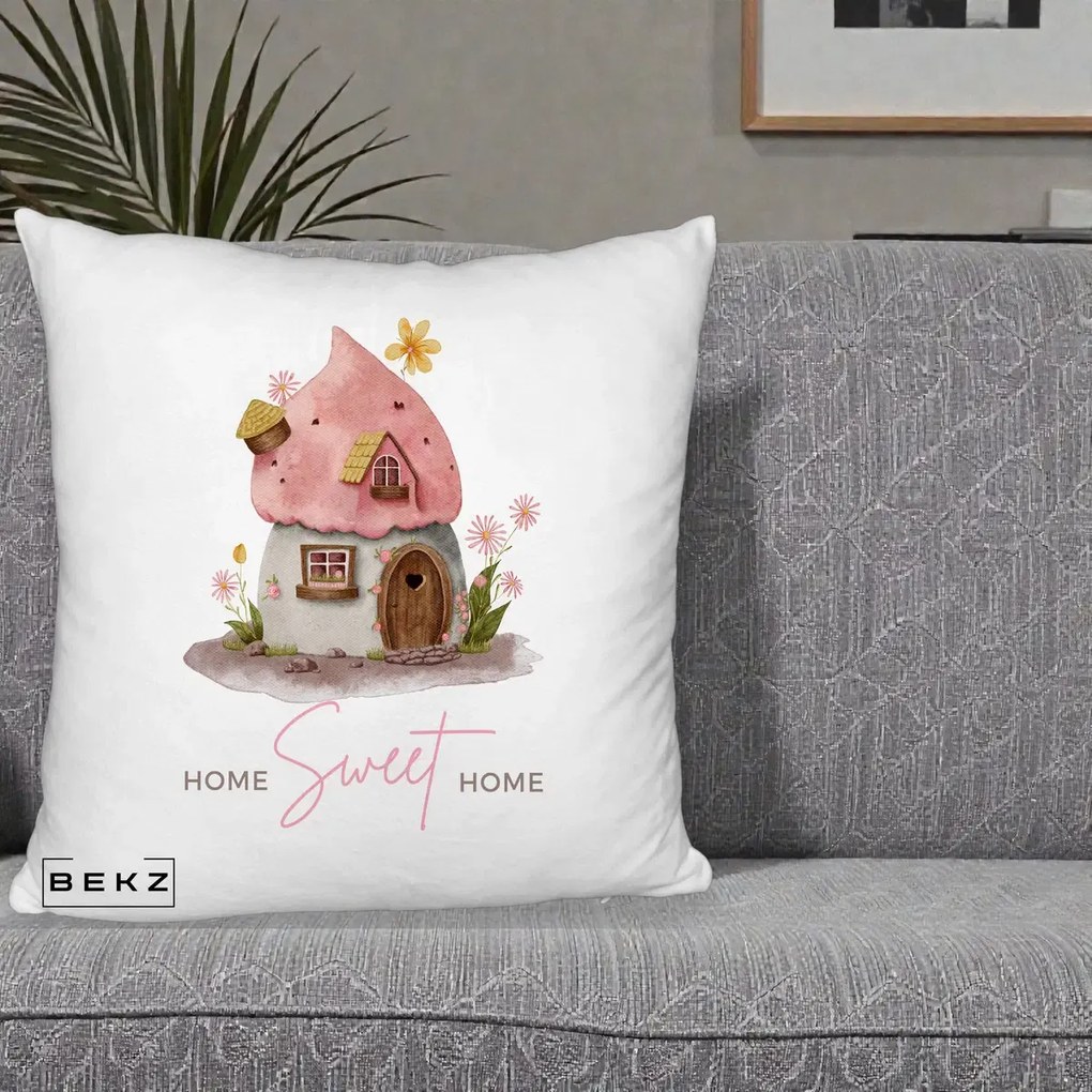 Perna Decorativa Home Sweet Home Casuta, 40x40 cm, Alb Pufos, Husa Detasabila, Perna Inclusa, BEKZ®