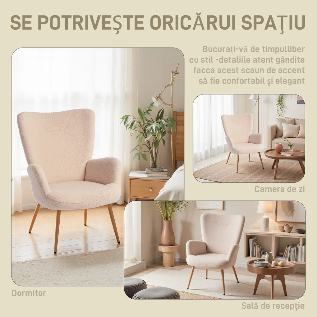 HOMCOM Fotoliu Modern Imbottito pentru Sufragerie, Fotoliu pentru Dormitor din Țesătură Sherpa cu Spătar Înalt și Brațe, Fotoliu Relax cu Cadru din Oțel pentru Sufragerie, Bej | Aosom Romania