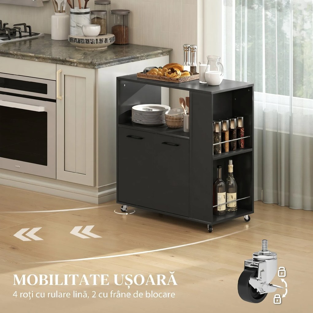 HOMCOM Cărucior de Bucătărie din Lemn cu Blat Deschis, Dulap și Raft Lateral, 75x40x80.5 cm, Negru | Aosom Romania