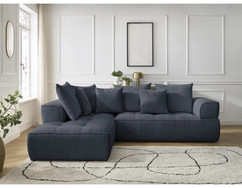 Colțar albastru închis cu tapițerie din chenille (cu colț pe partea stângă/în formă de ”L”) Whesley – Bobochic Paris