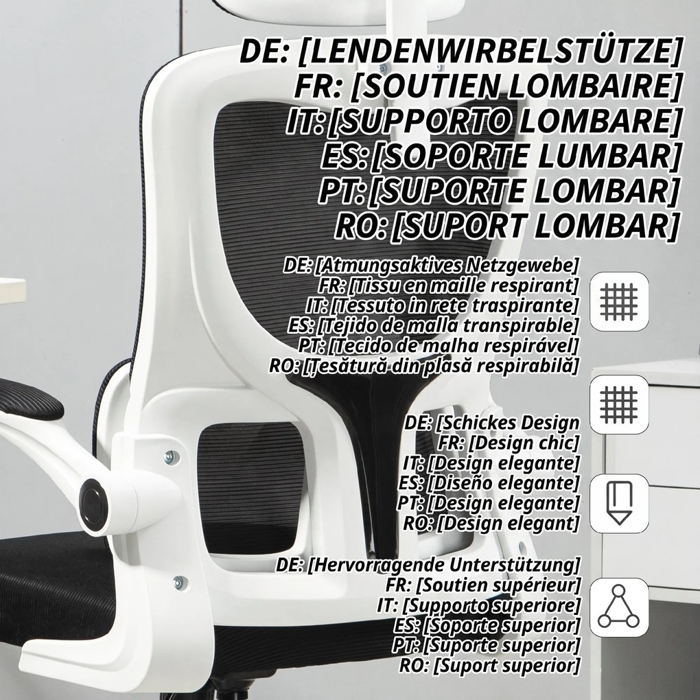 Vinsetto Scaun de Birou Ergonomic cu Tetieră Detașabilă Negru | Aosom Romania
