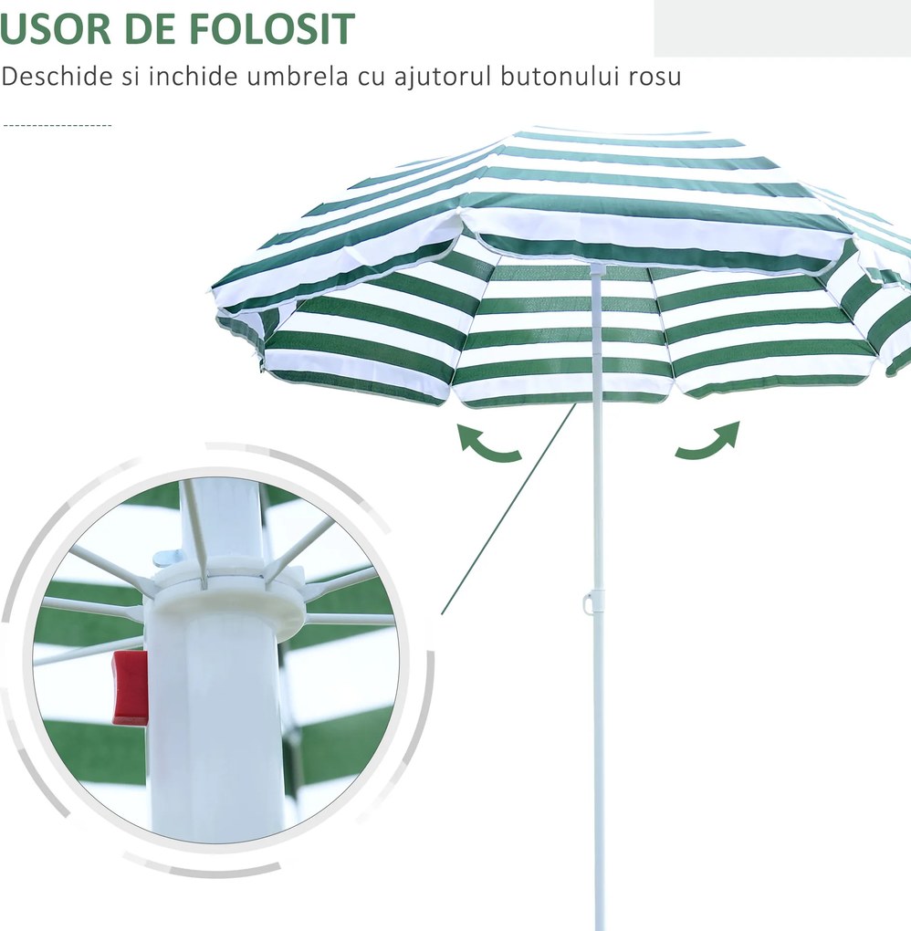 Outsunny Umbrelă de Plajă cu Acoperiș Înclinabil la 45°, Ø1.8x2 m, Verde și Alb | Aosom Romania