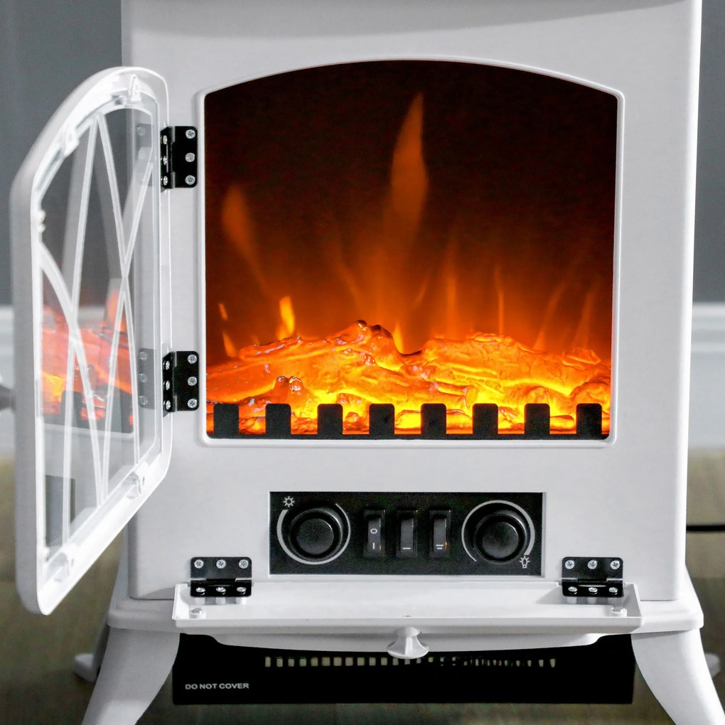 HOMCOM Șemineu electric pe picior 1000/2000 W, șemineu decorativ fals cu efect de flacără LED, alb | Aosom Romania