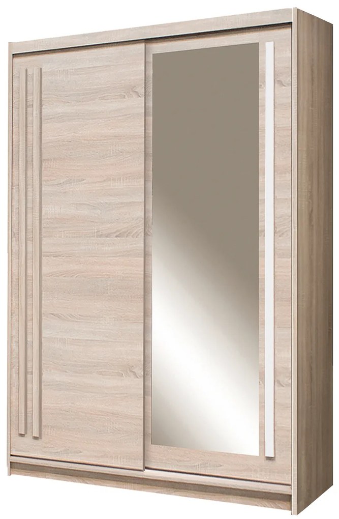 Dormitor Efect, culoare alb / sonoma, cu pat tapitat 160 x 200 cm, dulap 150 cm si comoda