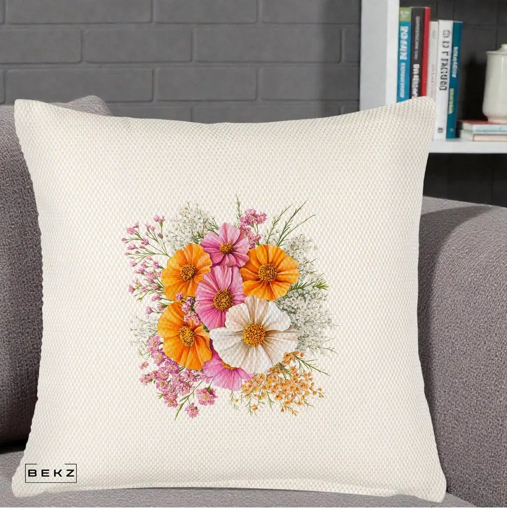 Perna Decorativa Buchet Cosmos Portocaliu Roz si Alb, 40x40 cm, Crem Reliefat, Husa Detasabila, Perna Inclusa, BEKZ®