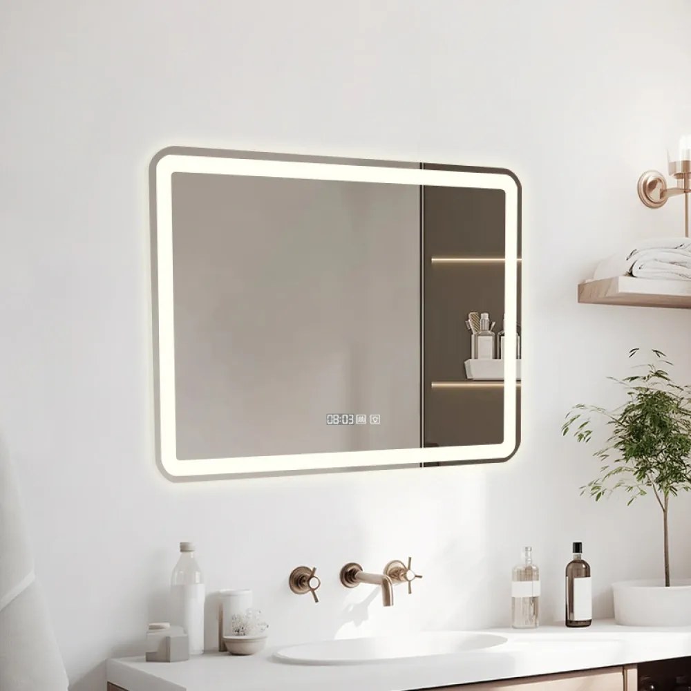Oglindă baie, Multifuncțională, Iluminare LED Touch, Sistem Dezaburire, Ceas electronic încorporat, Indicator Temperatura, 100x70 cm