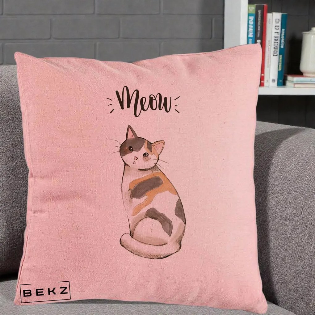 Perna Personalizata Pisica Meow Acuarela, 40x40 cm, Roz, Husa Detasabila, Perna Inclusa, BEKZ®